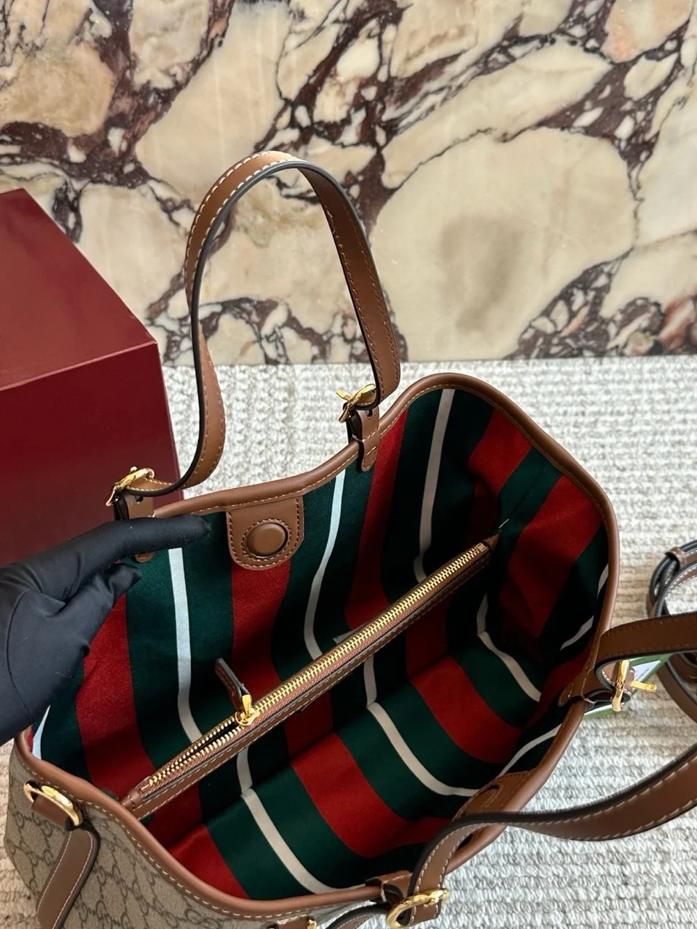 Gucci Beige GG Supreme Canvas Tote with Black Trim and Green-Red Webbing